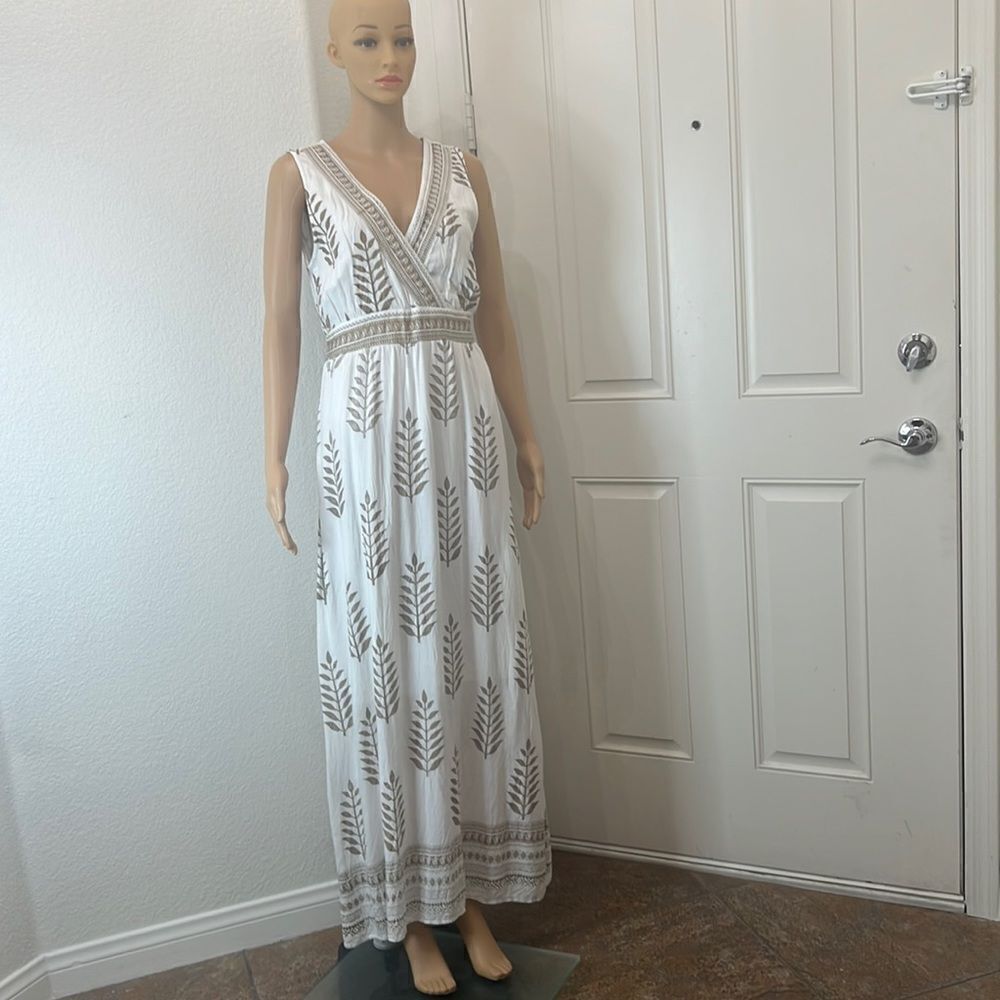 Lapogee Dress Size Small V Neck Short Sleeve Maxi Lined 💯 Rayon Floral Natural